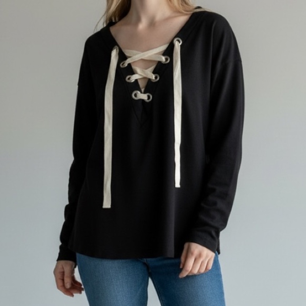 NWT. BiBi Black Lace-Up Sweater